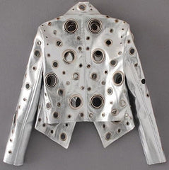 Runway Cut Out Short Faux Leather Jacket Golden Rivet Cool Stylish Designer Clothes Women European American Fashion voguable