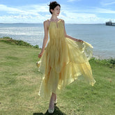 Voguable Boho Yellow Tie Strap Maxi Dress for Women Ruffled Neck Keyhole High Low Hem Flowy Chiffon Dresses Summer Commute Beach Vacation voguable