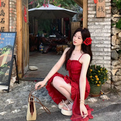 Voguable Summer Temperament Casua Strap Dress Women Summer New Simple Fairy Party Mini Dress Female French Split Holiday Designer Dress voguable
