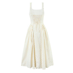 Lace Up Bandage Plaid Sling Dress Women Elegant Square Neck Low Waist A-line Midi Summer Dresses Holiday Party Robe 2025 voguable