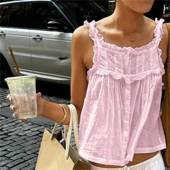 Women Y2k Lace Ruffle Trim Tank Top Fairycore Sexy Sheer Button Front Scoop Neck Camisole Cute Going Out Crop Tops Boho Vest voguable