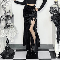 Goth Dark Elegant Fashion Flocking Long Skirt Women Mall Gothic Irregular Split Hem Ruffles Skirts Autumn Bottoms Alt Clothing voguable