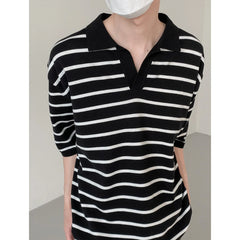 Korean Style High Quality Summer Lapel Polo T Shirt for Men Striped Knitted Top Casual Loose Men's Short Sleeve Tee Polo Shirt voguable