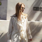 Ruffle Beige Simple Casual Women Sets V-neck Long Sleeve Shirts Top And Shorts Summer Outfits Vacation Chic Fashion 2 Piece Set voguable