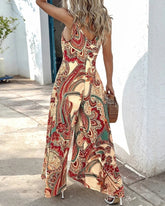 Voguable Summer Vacation Bohemian Vintage Paisley Tribe V-neck Slightly Stretched Printed Wide Leg jumpsuit voguable