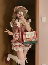 Voguable Y2k Kawaii Vintage Girl Lolita Doll Neck Plaid Flying Sleeve Shirt High Waist Lace Splice Puffy Skirt Set Two Piece Sets Women voguable