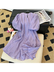 Voguable Summer Women's Purple Short Bubble Sleeve Round Neck Elegant Dresses Spring Casual Loose Mini Dresses Ladies Clothing voguable