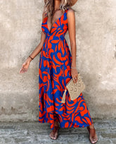 Voguable Summer New Micro Elastic A-line Skirt Bohemian Retro Resort Plant Print Sleeveless Dress voguable