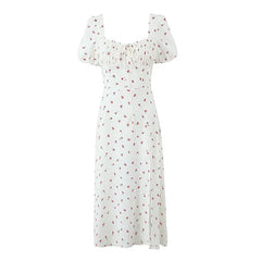 Summer 2024 Women French Style Lacing Up Square Neck Floral Print Dress Sexy Slit Puff Sleeve Ladies Elegant Holiday Robe voguable