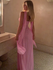 Scarf Collar Backless Sexy Maxi Dress For Women Gown Pink Strapless Off-shoulder Backless Mesh Long Dress Vestido voguable