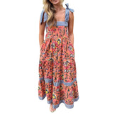 Voguable y2k Beach Party Dress Women Clothes Floral Stripes Patchwork Sleeveless Tie-up A Line Long Dress 2000s Summer Dresses voguable