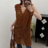 Voguable Women's Brown Lace Sleeveless Blouse V-Neck Hollow Out Longline Casual Top voguable