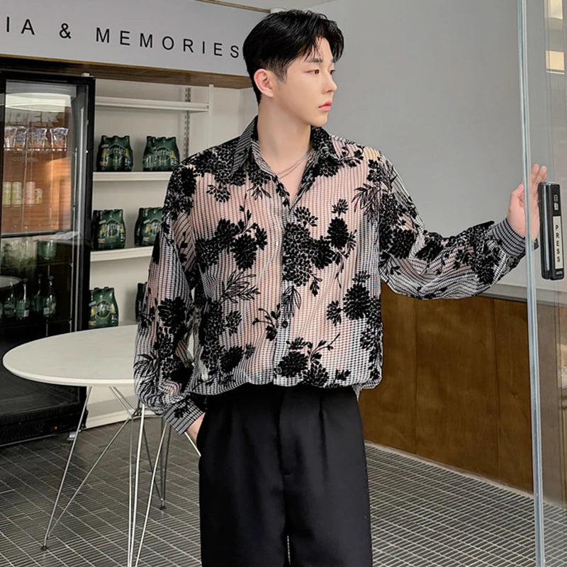 Voguable Fashion Printed Translucent Design Long Sleeved Shirts Personalized Trendy Handsome Street High Quality Men's Tops voguable