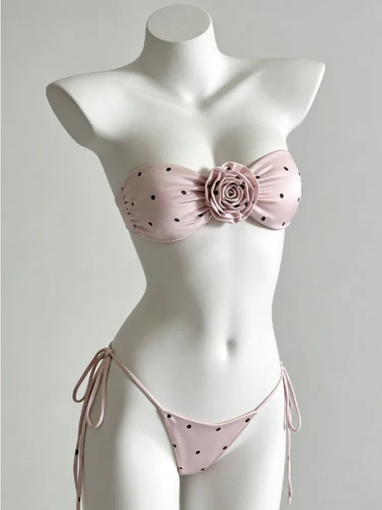 Voguable Elegant Sexy Women V Neck Bandeau 3 Piece Bikini Set Non Padded Comfortable Quick Dry Elegant Beachwear Swimwear Fashion voguable