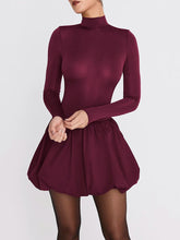 Turtleneck Long Sleeve Sexy Mini Dress For Women Robe Fashion Burgundy Patchwork High Waist A-line Club Pleated Dress voguable
