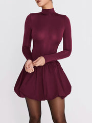 Turtleneck Long Sleeve Sexy Mini Dress For Women Robe Fashion Burgundy Patchwork High Waist A-line Club Pleated Dress voguable