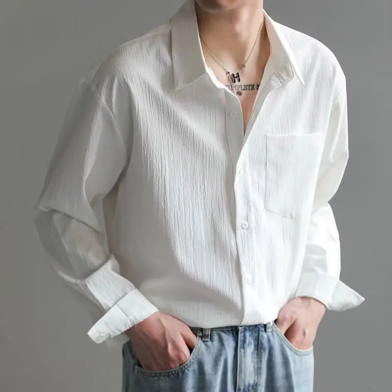 Mature Korean Style Handsome Long-sleeved Shirt Men's Loose Casual Wrinkle Draped Shirt Spring Top voguable