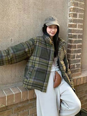 Retro Streetwear Y2K Plaid Parkas Women Winter Warm Thick Hip Hop Cotton Coat American Harajuku Stand Collar Bf Vintage Jacket voguable