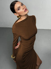Skew Collar One Sleeve Sexy Maxi Dress For Women Gown Fashion Solid Thigh High Split Ruched Bodycon Club Long Dress voguable
