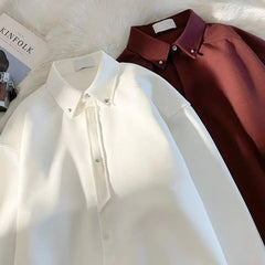 Voguable White & Burgundy Lapel Shirt, Loose Fit Daily Office Men's Clothing Versatile Basic Top Long Sleeve Men's Shirts voguable