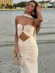 Hollow Out Backless Sexy Maxi Dress Women Gown Summer Halter Off-shoulder Backless Club Party Long Dress Elegant voguable
