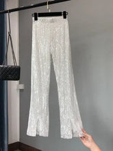 Voguable New Autumn and Winter Women's Fashionable Shiny White Trousers, Versatile Slimming High Waist Sequined Flared Trousers voguable