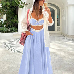 Lace Patchwork Camisole Vest + A-line Skirt Hot Girl Set Women's High Waist Skirt Bras Sweet Blue Beach Summer Two-piece Set voguable