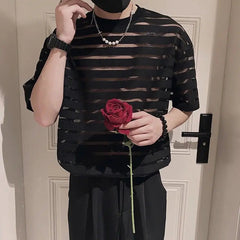 Voguable Korean New Men's Clothing Fashion Hollow Out Striped Tops Man Comfortable Breathable Lace Thin Style T-shirt voguable