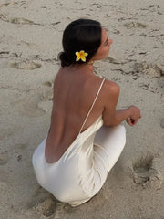Elegant Backless Satin Women Long Dress Sexy Sleeveless U-neck Slim White Maxi Dresses 2024 Summer Female Beach Party Robes voguable
