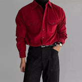 New Korean Fashion Men's Red Shirts Textured Corduroy Solid Color Long Sleeve Blouse Light Luxury Wedding Occasion Streetwear voguable