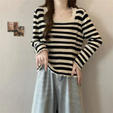 Voguable Women's Fungus Striped Long Sleeve T-Shirt Women's Loose Belly Covering Square Neck Top Versatile voguable
