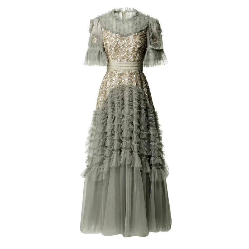 Fashion Women Dress Short Sleeve Round Neck Lotus Leaf Edge Lace Splicing Sequins Female Party Dress New Tide voguable