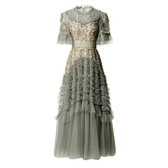 Fashion Women Dress Short Sleeve Round Neck Lotus Leaf Edge Lace Splicing Sequins Female Party Dress New Tide voguable