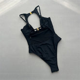 Voguable Solid Black Backless Hollow Out Swimwear Push Up One Piece Sexy Swimsuit Women High Cut Bathing Suit Swimming Wear Monokini voguable