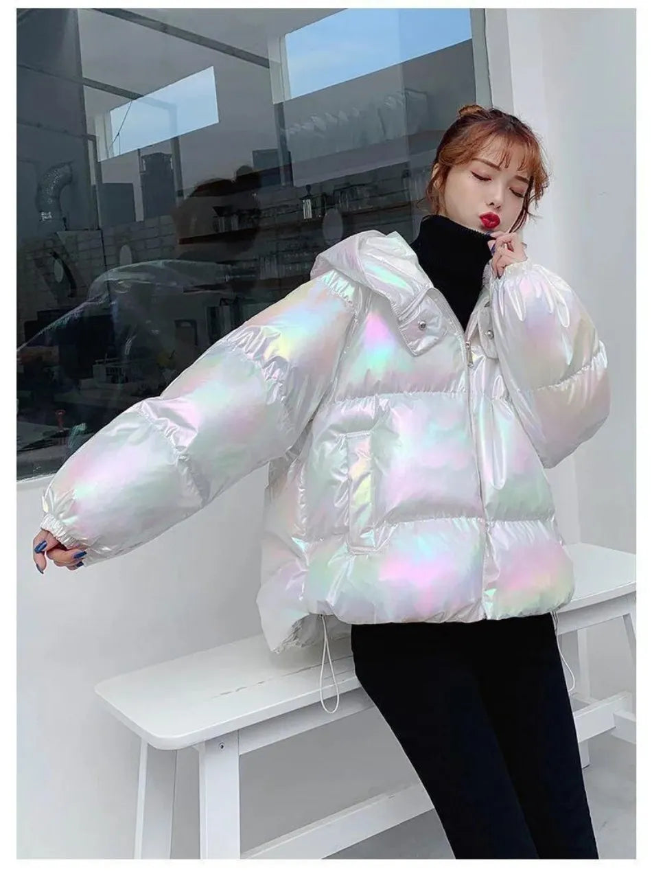 Women's Jacket Colorful Glossy Surface Hooded Cotton Coat Winter Korean Fashion Thicken Parkas Womens Clothing Loose Warm Tops voguable