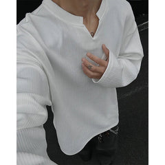 Long Sleeved T-shirt Men Fashion White Casual V-neck T Shirt Men Streetwear Korean Loose Pleated T Shirt Mens Top Plus Size 5XL voguable