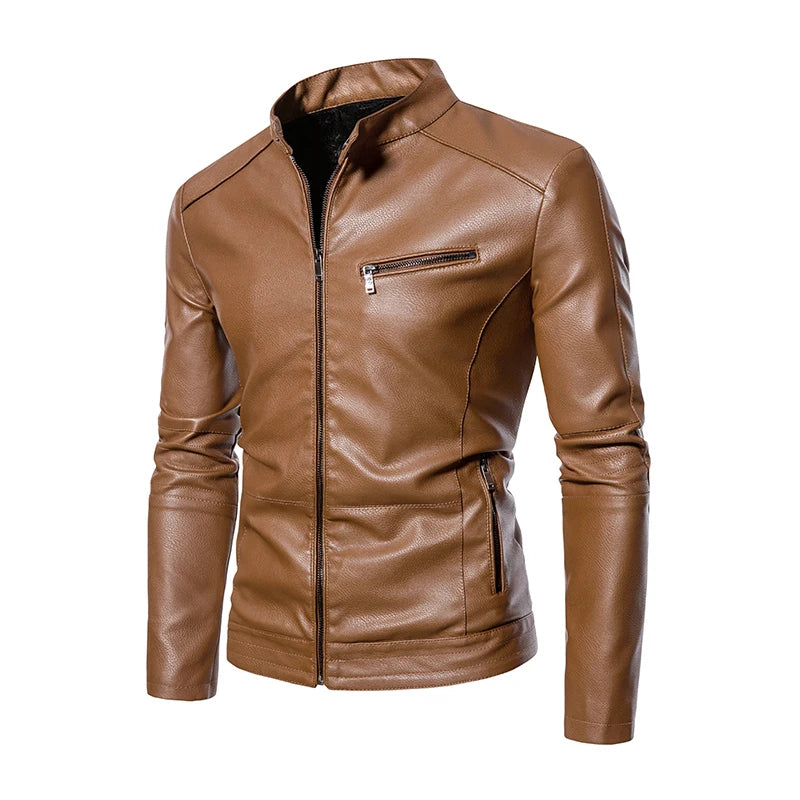 2022 PU Casual Leather Jacket Men Fleece Motorcycle Biker Slim Fit Outerwear Men Solid Stand Collar Leather Jackets voguable