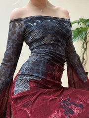 Grunge Fairycore Gothic Floral Mesh Dress Dark Slash Neck Long Flare Sleeve Maxi Dresses For Women Autumn Spring voguable