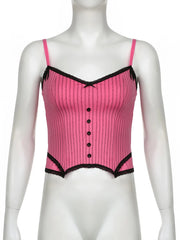 Sweet Bow Stitched Pink Crop Top Vintage y2k Patchwork Sleeveless Striped Print Tees Women Casual Basic Camisole Kawaii voguable