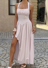 Voguable Summer New Women's Fashion Elegant Style Solid Color Hanging Collar Strapless Waist Dress Women's Wear voguable