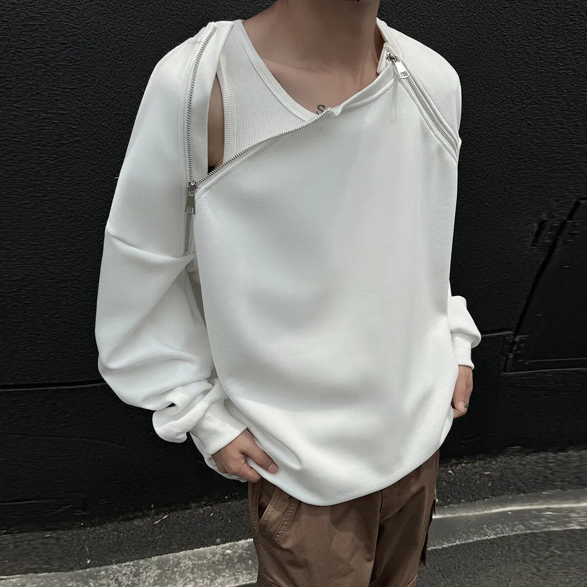 2025 Spring Men Sweatshirts Metal Zipper Solid Color Casual O Neck Fashion Oversize Streetwear Hip Hop Male White/Black voguable