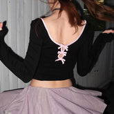 Voguable Sweet Bow Contrast Patchwork Cropped Top Backless V-neck Slim-fit T-shirts Coquette Y2K Knitted Tees Autumn Women voguable