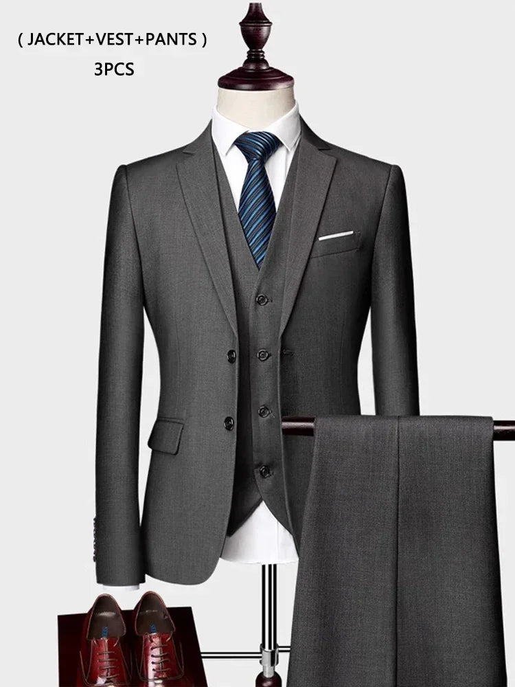 Voguable ( Jacket +Vest+ Pants ) Luxury Men's High-end Brand Solid Color Business Office Suit 3Pcs & 2Pcs Groom Wedding Party Suit Tuxedo voguable