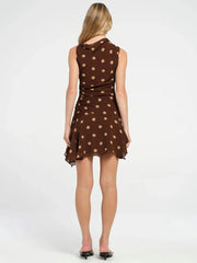 Sleeveless Polka Dot Dress For Woman Fashion Brown Print Mesh O Neck Ruched Mini Dress Elegant Irregular Dresses voguable
