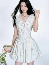 Floral V Neck Sexy Dress Women Casual Elegant Sleeveless Mini Dress Vintage Lace Up Female Korean Summer Beach Style Dress voguable
