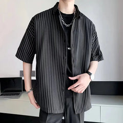 Striped Shirt men Japanese Casual Oversize Trend Black Unisex gothic Short Sleeved Blouses gotmes-shop