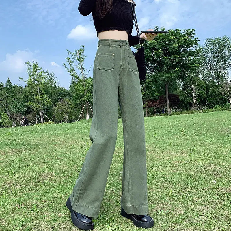 Korean Fashion Loose Versatile Wide Leg Jeans Women High Waist Solid Pocket Zipper Summer Thin Casual Straight Full Length Pants voguable