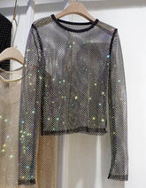 Voguable Summer New Ladies Temperament Rhinestone Round Neck Long Sleeve Bright Starlight Hollow Shiny Bottoming Shirt Women's Top Trend voguable