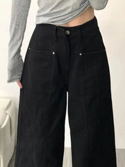 Black Patchwork Women Wide Leg Jeans Y2K Baggy Korean All Match Denim Pants High Waist Loose Pocket Casual Jeans Trousers voguable
