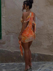 Hollow Leopard Print Irregular Dress Women 3d Flower Bandage Tassel Biased Collar Midnight Summer Trend Mini Bodycons voguable